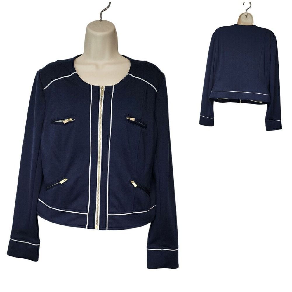Katherine New York Round Neck Navy Blue White Striped Full Zip Jacket Blazer 12